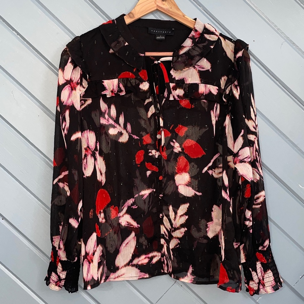 Sanctuary Semi Sheer Black Button Up Floral Blouse
